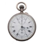 Silver lever chronograph pocket watch, the white dial with Roman numerals, 60 minute recording