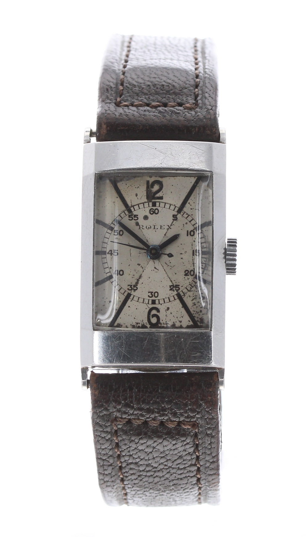 Rare Rolex rectangular stainless steel wristwatch, ref. 2149, circa 1925, serial no. 017414,