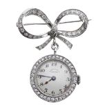 Movado attractive platinum diamond set fob watch on a bow brooch, signed silvered dial with Arabic