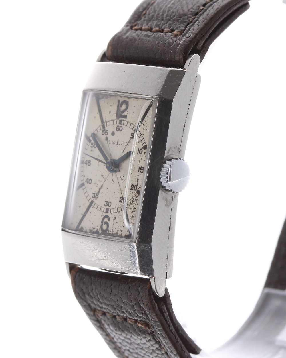 Rare Rolex rectangular stainless steel wristwatch, ref. 2149, circa 1925, serial no. 017414, - Image 3 of 7