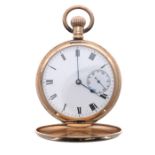 Waltham Traveler 9ct hunter lever pocket watch, Birmingham 1908, movement no. 12617927, white dial