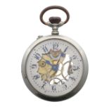 Swiss nickel cased pocket watch, with an Arabic numeral skeleton dial and exhibition back, 51mm -