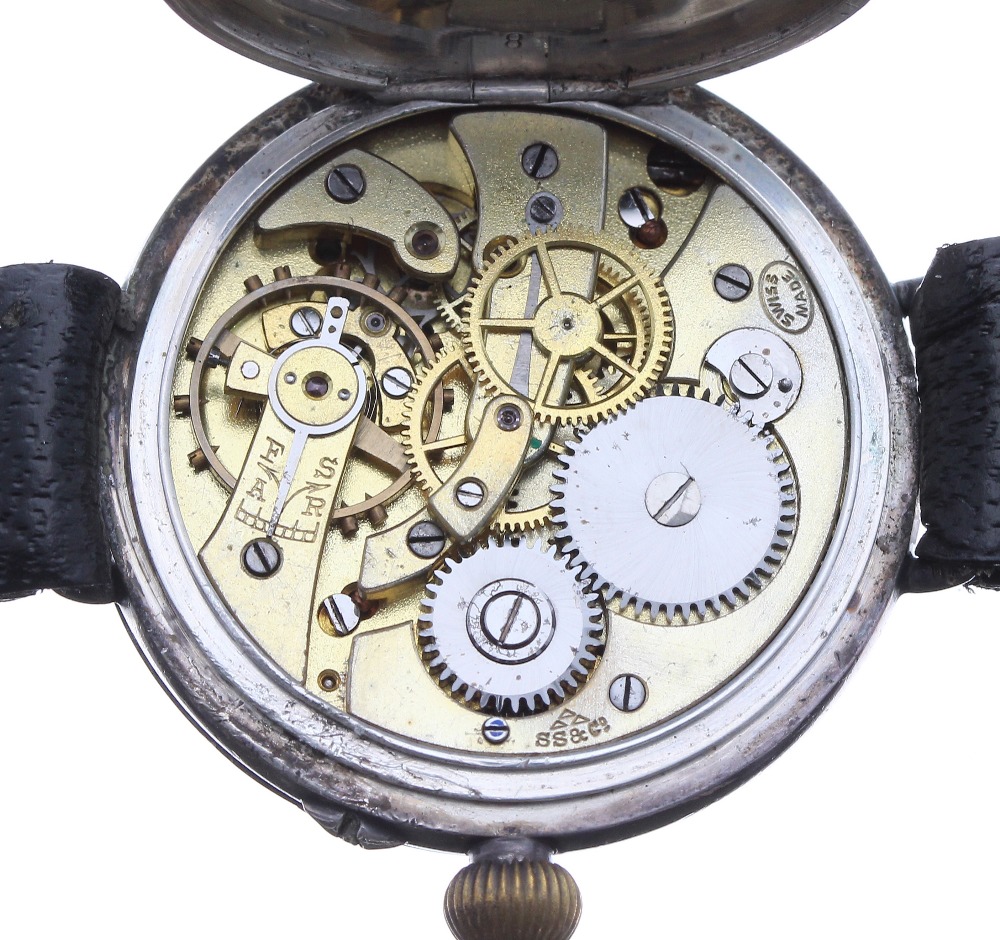 Silver WWI wire-lug trench watch, import hallmarks London 1916, circular enamel dial with Arabic - Image 3 of 4