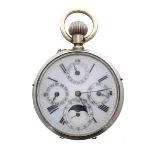 Swiss nickel cased calendar pocket watch, lever bar movement, no. 5790, the dial with Roman