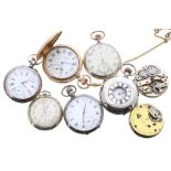 Six assorted pocket watches including an Elgin gold plated hunter pocket watch with plated Albert