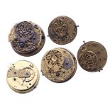 Four fusee verge pocket watch movements for repair, makers W'm Rooker London, Rich Hall London,