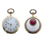 Attractive H. Moser & Cie 18k miniature diamond, enamel and ruby set fob watch, gilt frosted lever