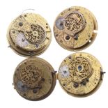 Four early 19th century fusee verge pocket watch movements, by Williams, Eaton, Swaine and Churchill