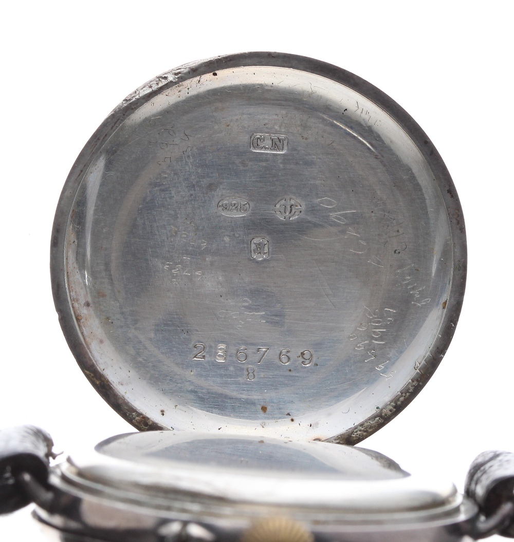 Silver WWI wire-lug trench watch, import hallmarks London 1916, circular enamel dial with Arabic - Image 4 of 4