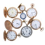 Five gold plated hunter pocket watches for repair; also two fob watch and another pocket watch (8)