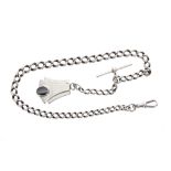 Silver graduated curb watch Albert chain, with T bar and silver grey tiger eye cabouchon, each
