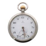Omega nickel cased lever pocket watch, signed gilt frosted 15 jewel movement, no. 8950074, signed