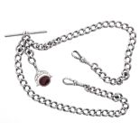 Silver graduated curb double watch Albert chain, with T bar, swivel clasps and revolving hardstone