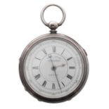 Victorian silver fusee lever centre second chronograph pocket watch, Chester 1882, three quarter