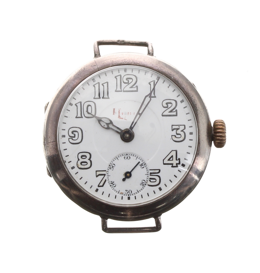 WWI period silver 8 day wire-lug trench wristwatch, import hallmarks for London 1915, the white dial