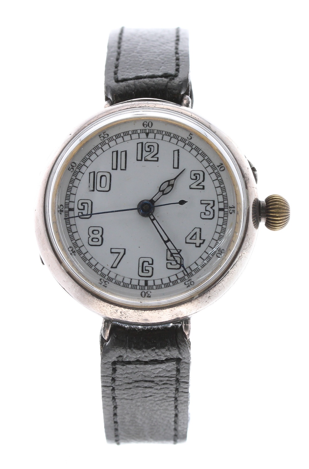 Silver WWI wire-lug trench watch, import hallmarks London 1916, circular enamel dial with Arabic