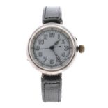 Silver WWI wire-lug trench watch, import hallmarks London 1916, circular enamel dial with Arabic