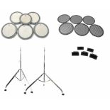 Six Remo drum practice pads, each fitted with Piezo transducers; together with two Premier cymbal