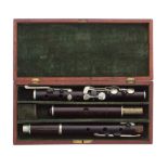 Old rosewood flute by and stamped Haynes, Kaloton, with eight nickel keys on wooden blocks, mahogany