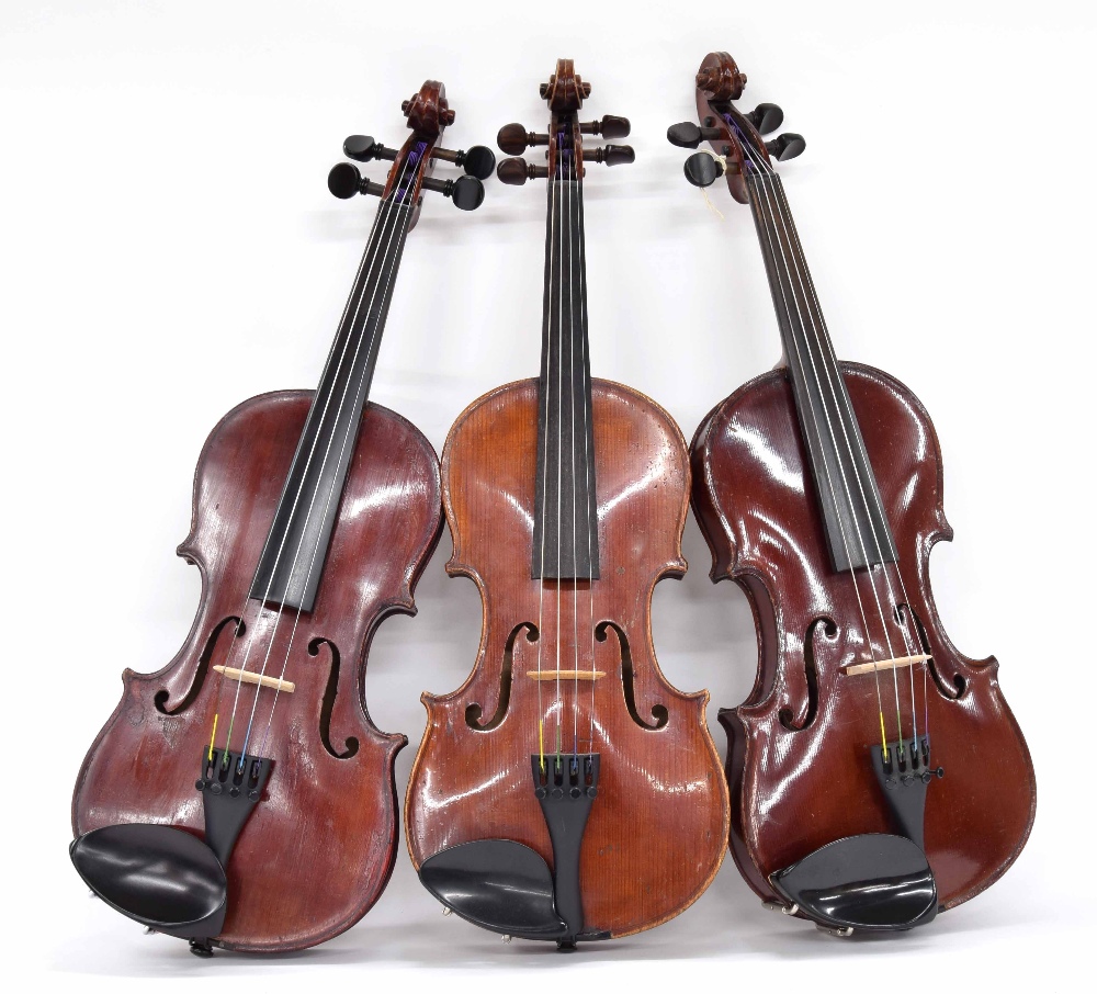 Three various old three-quarter size violins (3)