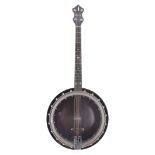 Luxor tenor banjo, the wooden resonator inlaid with boxwood lines, mother of pearl inlay to the