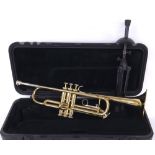 Bach gold lacquered trumpet, ser. no. P71609, mouthpiece, stand and case