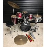 Pearl Forum Series five piece drum kit, comprising an 18" kick drum, 14" floor tom, 12" rack tom and