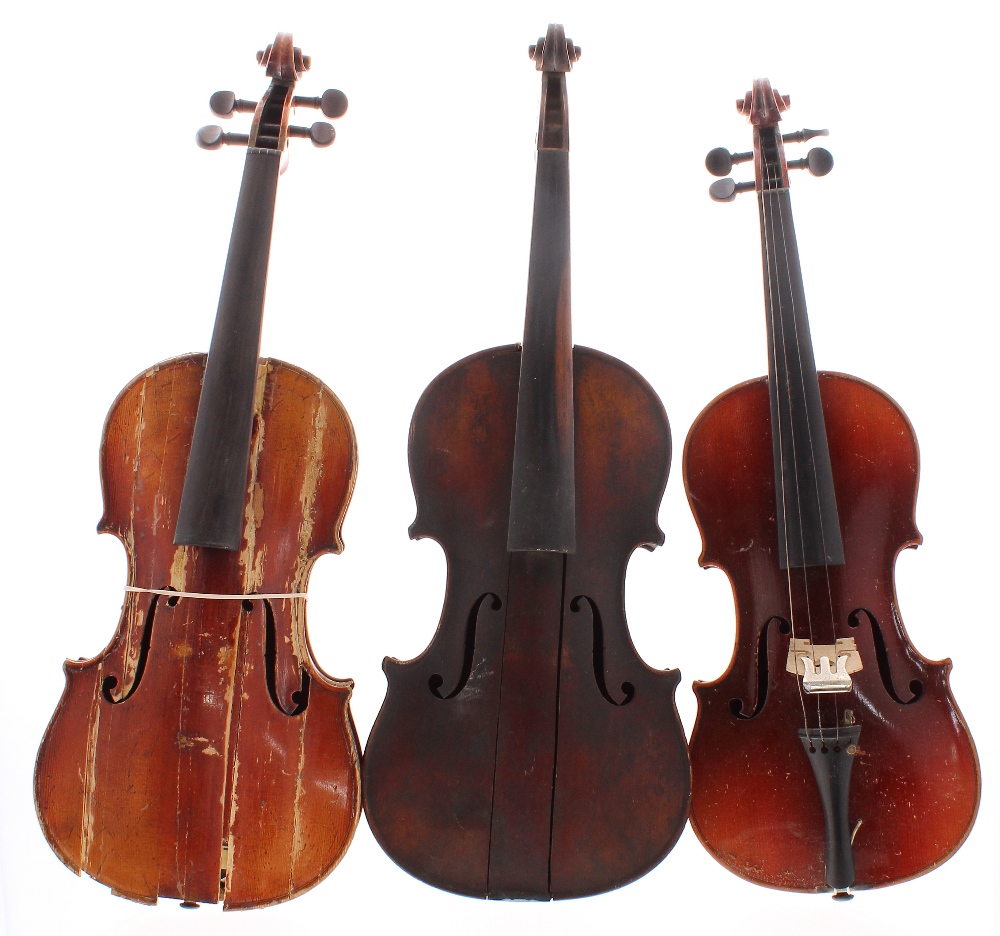 Two old full size violins in need of restoration; also a contemporary three-quarter size violin (3)