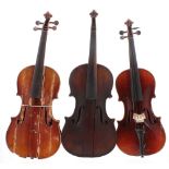 Two old full size violins in need of restoration; also a contemporary three-quarter size violin (3)