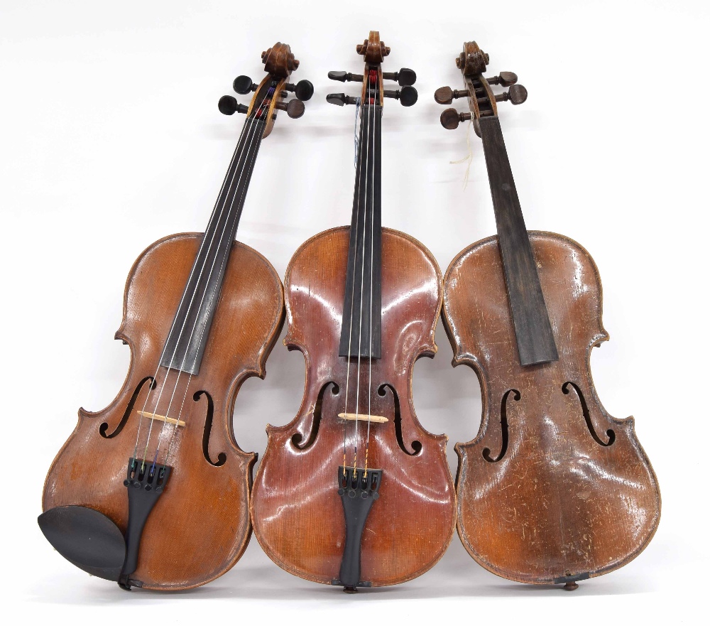 Three various old three-quarter size violins (3)