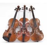 Three various old three-quarter size violins (3)