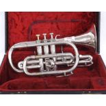 Boosey & Hawkes silver plated Bb Sovereign cornet with Globe logo, case