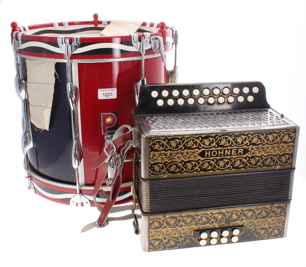 Premier side drum with snare (probably a 97S), the sides painted with a red and royal blue finish,