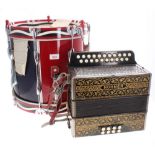 Premier side drum with snare (probably a 97S), the sides painted with a red and royal blue finish,