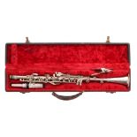 Victory silver plated clarinet, ser. no. 03982, with mouthpiece and lyre music clip, hard case