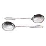 Pair of George V silver soup spoons, maker James Dixon & Sons, Sheffield 1927, 8.75" long, 4.2 oz t