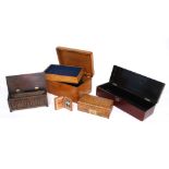 Collection of treen and other small boxes to include a miniature reproduction linen fold panel oak