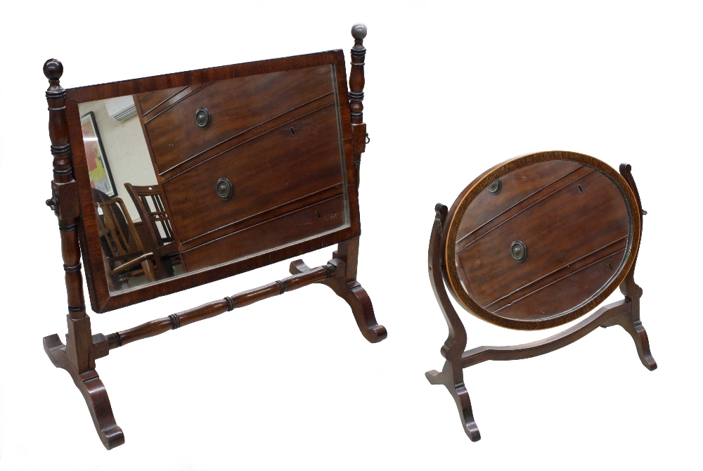 19th century mahogany dressing mirror, the rectangular plate upon turned cheval type supports, 19"