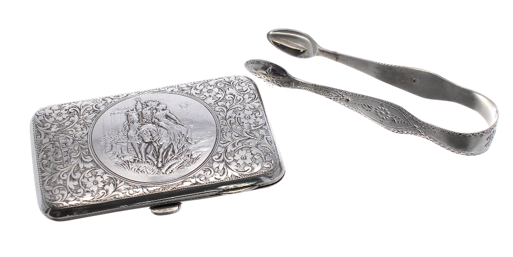 Edwardian silver card case, with leather fitted interior, foliate engraved around a scene of