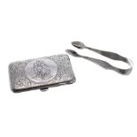 Edwardian silver card case, with leather fitted interior, foliate engraved around a scene of