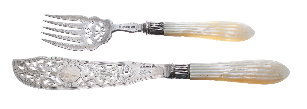 Victorian pierced silver and mother of pearl handled fish servers, maker Harrison Brothers & Howson,