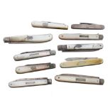 Ten silver blade folding penknives, mostly with mother of pearl handles (10)