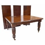 Good Victorian mahogany wind-out extending dining table, the moulded top upon large bulbous reeded