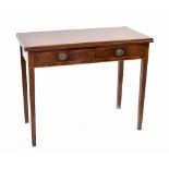 19th century mahogany foldover tea table, the rectangular top over two frieze drawers with boxwood