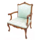 Good 19th century French fauteuil (armchair), the carved frame surmounted with a shell moulding over