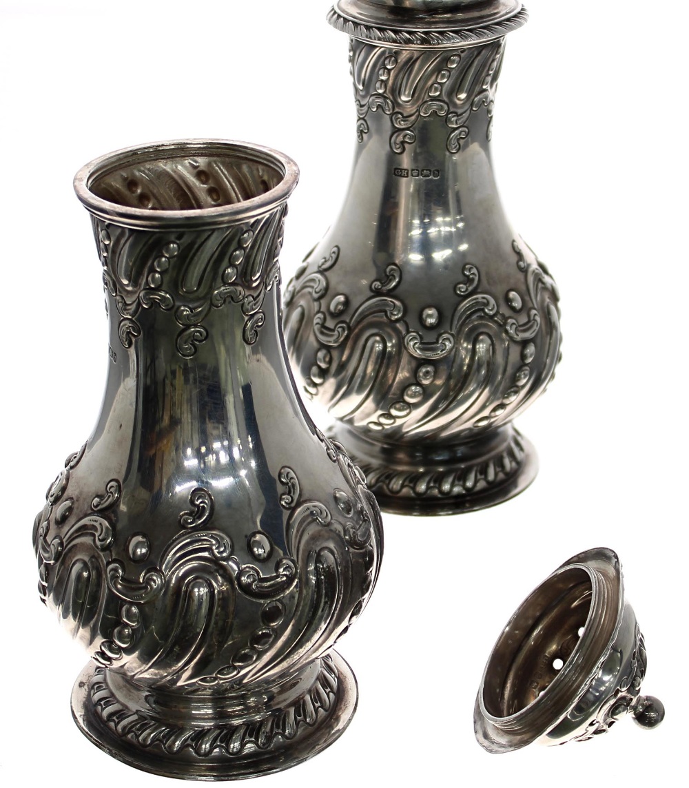 Good pair of late Victorian silver sugar casters, of wrythen fluted baluster form with scrolling - Image 3 of 4