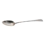 George III silver serving spoon, engraved monogram to handle, maker's marks rubbed, London 1809, 12"