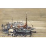 Peter J. Carter (20th century) - Boat at low tide, signed, oil on board, 19.5" x 32"; framed