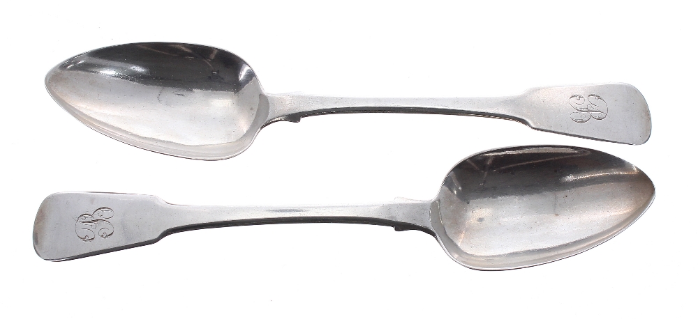 Pair of George III silver fiddle pattern serving spoons, maker 'I.K' (probably John King, London