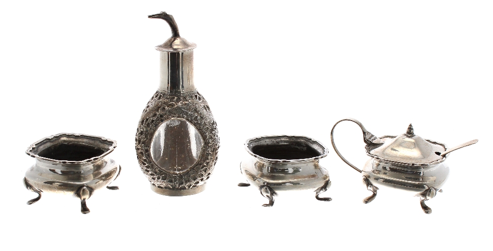 Wai Kee Chinese Export sterling cruet set comprising mounted glass condiment drizzler, 4.5" high,